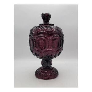L.E. Smith Moon and Stars Pedestal Compote Candy Dish Amethyst Rare Color